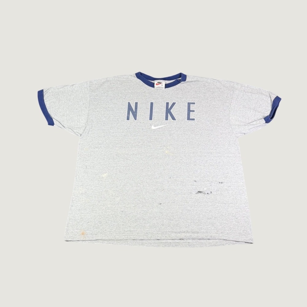 Vintage Nike Ringer T-Shirt Mens XL Gray Navy Blue Made in USA Distressed 90s